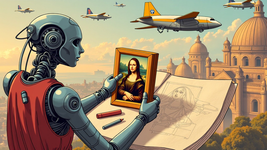 If AI Witnessed the Renaissance: Create a series where an AI interprets the artistic and scientific breakthroughs of the Renaissance. Imagine an AI attempting to paint 'Mona Lisa' having only read descriptions, or visualizing Leonardo da Vinci's inventions with a modern technological understanding, perhaps showing flying machines that incorporate principles of aerodynamics unknown at the time but plausible to an advanced intelligence.