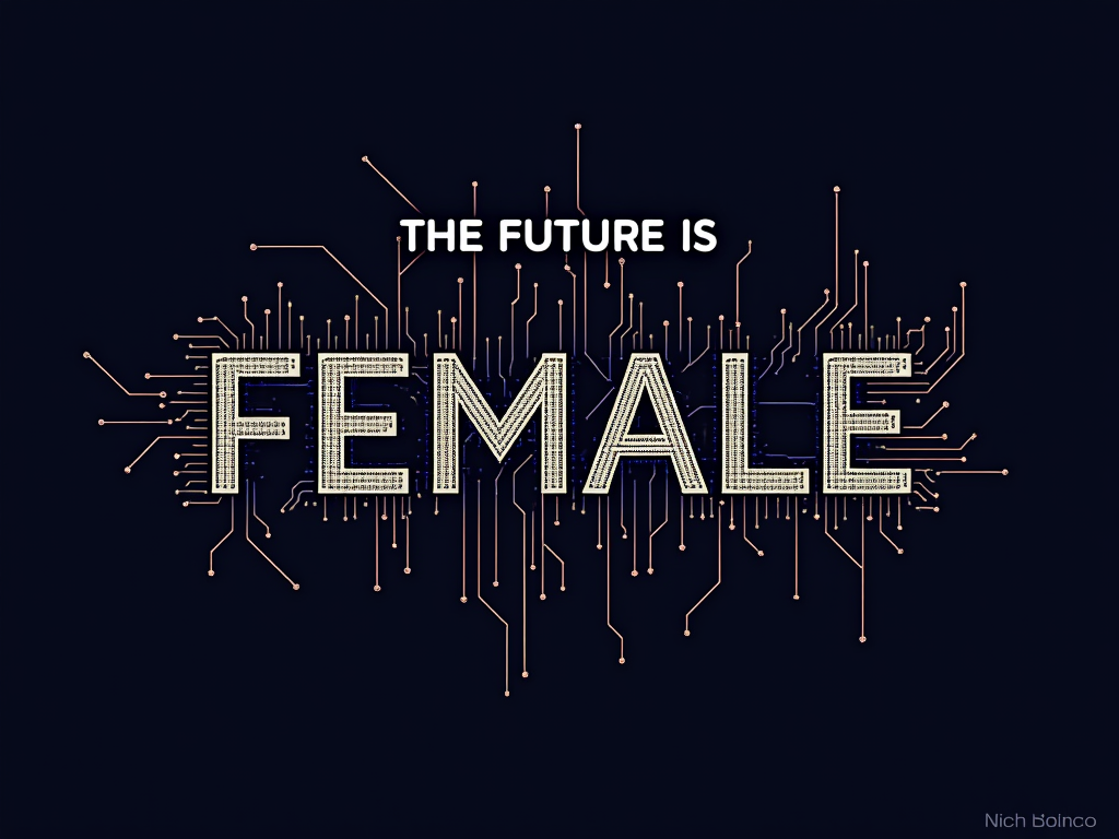 Typographic Tech Integration: The word 'FEMALE' in a prominent bold font, with one or more letters artistically replaced or formed by tech-related elements (e.g., the 'E' formed by circuit lines, the 'A' as a stylized processor chip outline). 'THE FUTURE IS' can be set in smaller, complementary bold type above.