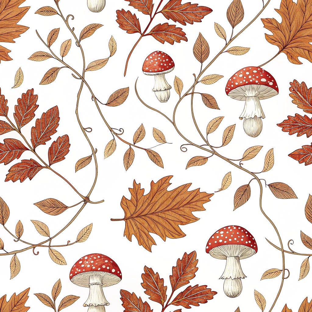 A realistic depiction of russet brown leaves and speckled mushrooms, connected with fine intertwining vines.