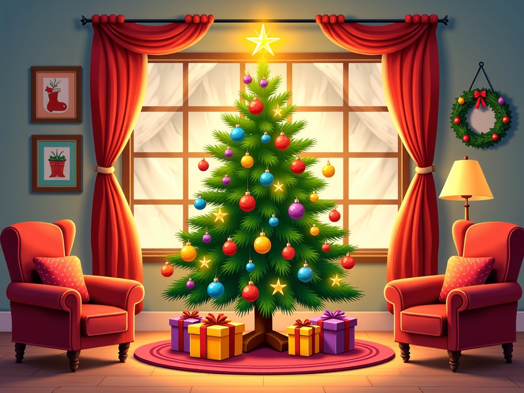 The image shows a living room with a Christmas tree decorated with colorful balls, stars, and other festive items, two red chairs with cushions, gift boxes on the floor, a lamp, a window with curtains, photo frames on the wall, and a garland hung on the rod.