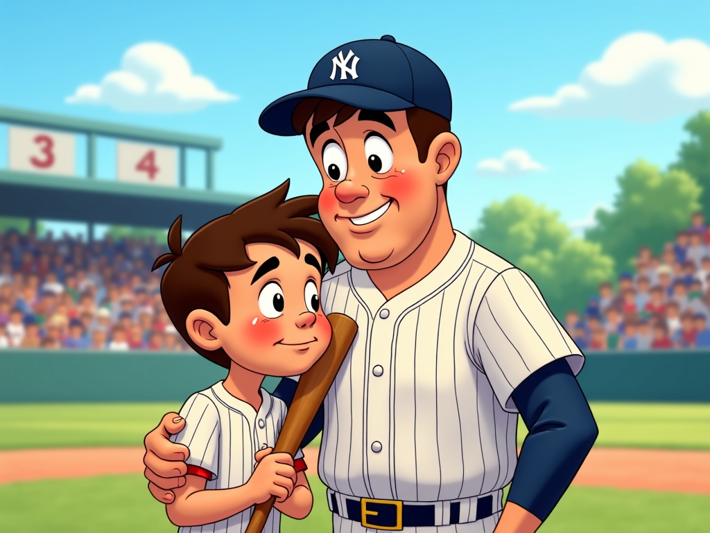 Illustration of a cartoon Babe Ruth comforting a young player who just struck out or made an error. Babe Ruth has a kind, reassuring arm around the child's shoulder, offering words of encouragement. The scene focuses on sportsmanship and the supportive side of a legendary figure, rendered in a gentle, emotive cartoon style.