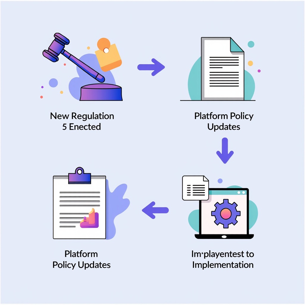 Sub-design Idea 1: A step-by-step flowchart visualizing the process from a new regulation being enacted (e.g., gavel icon) to platform policy updates (e.g., document icon) and implementation (e.g., gear icon on a screen).