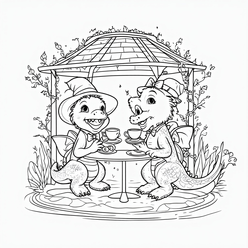 A pair of dragon friends enjoying a tea party in a garden. Each dragon sits at a tiny table under a gazebo adorned with ivy. They are sipping tea from delicate cups while sharing a plate of cookies. Their outfits include whimsical hats and bow ties, adding charm to the scene.