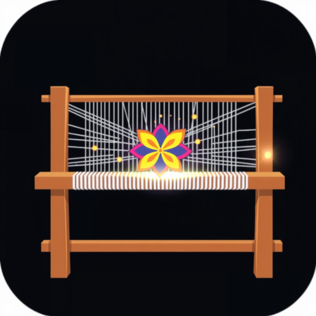 Data Weaving Loom: An icon depicting a stylized, abstract loom where digital threads (thin lines of light or binary code) are being woven together. At the center of the weave, a distinct, vibrant artistic pattern or abstract shape is emerging, symbolizing the created art. The AI component could be a subtle glow emanating from the 'shuttle' or the weaving points.