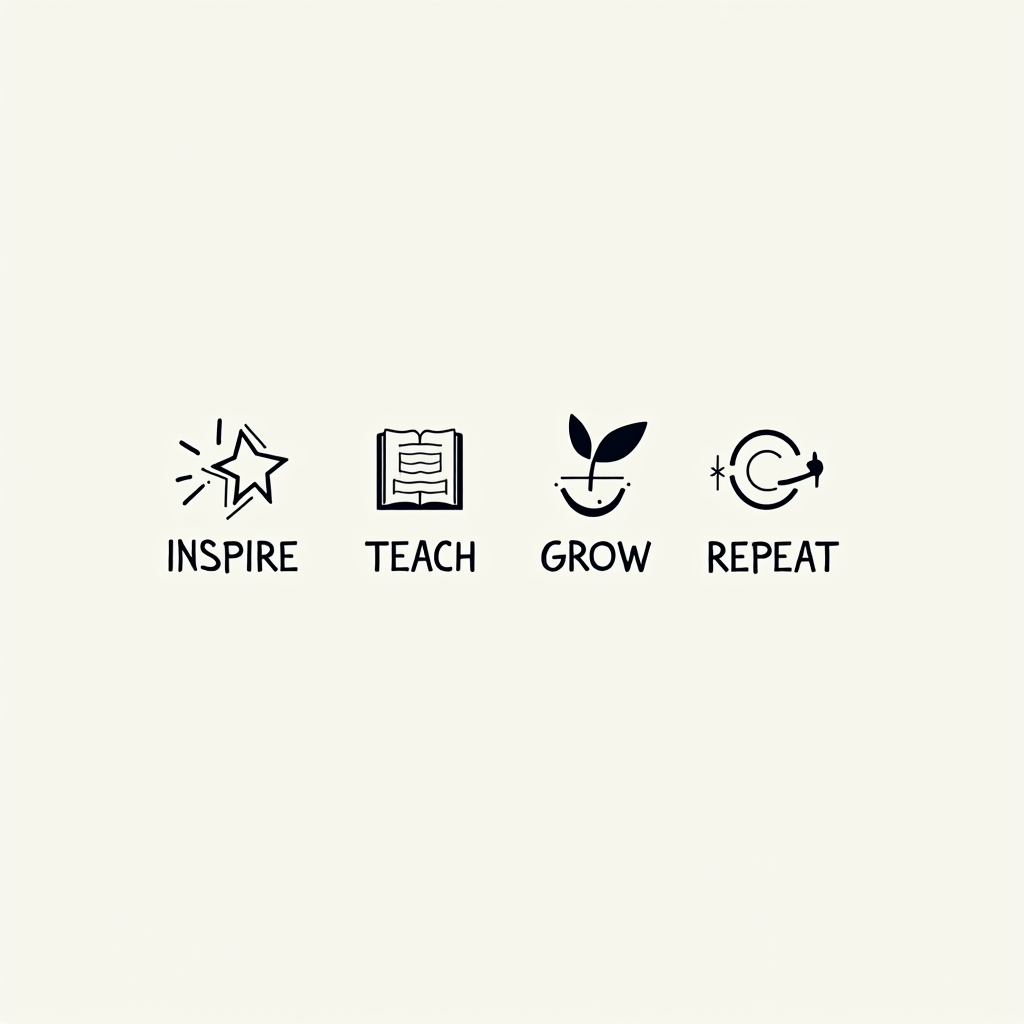 Minimalist Iconography with Typography: Each word ('Inspire,' 'Teach,' 'Grow,' 'Repeat') paired with a simple, relevant icon (e.g., star, book, sprout, looping arrow) and arranged in a visually appealing typographic layout.