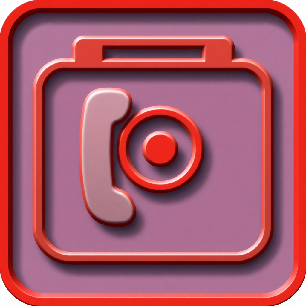 The image is a square-shaped icon with a red border. The background is a gradient of purple and pink. In the center of the icon, there is a red phone receiver with a small red circle in the middle. The phone receiver is positioned in a way that it appears to be slightly tilted to the right. The overall design is simple and minimalistic.