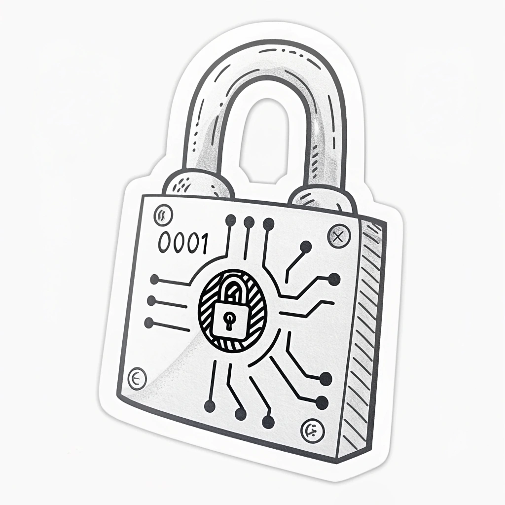 Simple Icon Idea: A minimalist padlock outline with a small, stylized binary sequence (e.g., '0101') integrated into the shackle or body, or a single abstract 'data bit' replacing the keyhole.