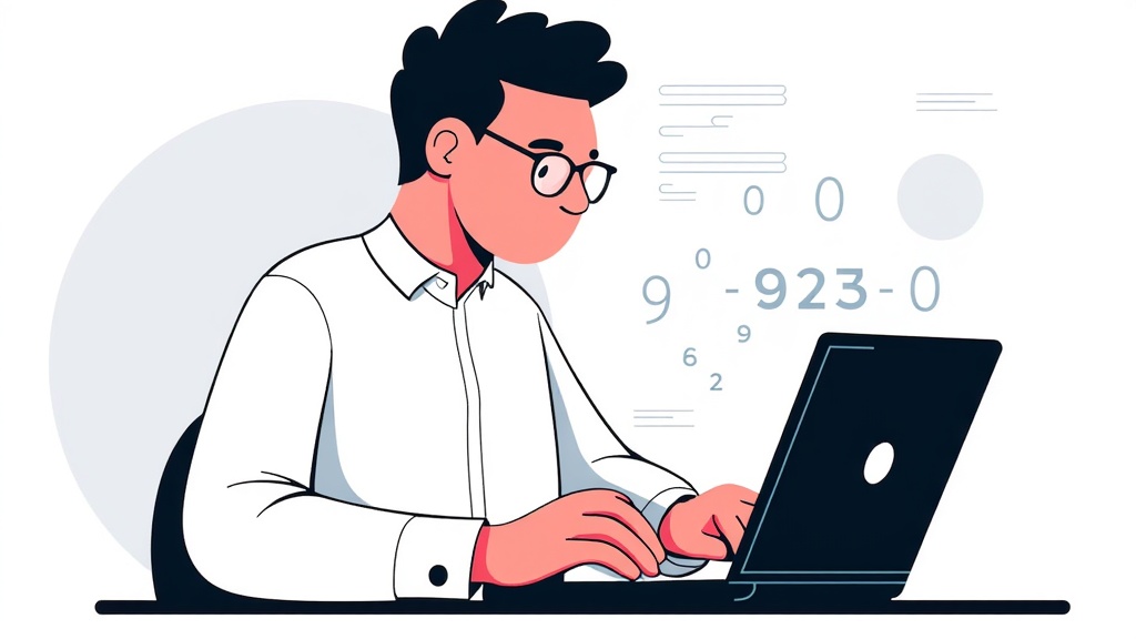 An IT professional tests a series of code on an open flat design laptop, the reflections of numbers dance across his glasses. The clear, simple design aids in focus and reduces distractions during intensive tasks.