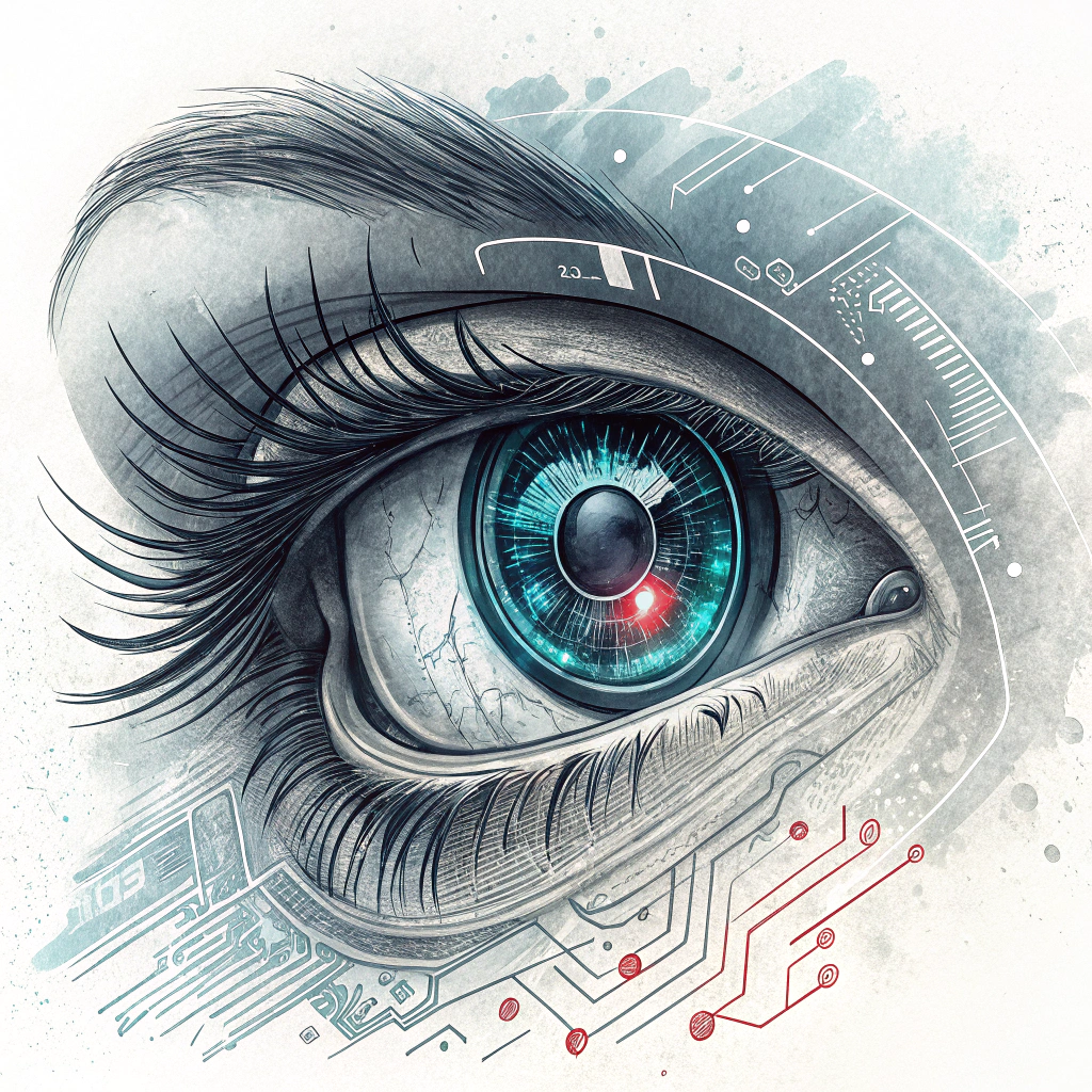 A stylized, almost abstract mechanical eye with circuit patterns subtly integrated into the iris. The pupil could be a camera lens aperture. Colors: cool blues, grays, and a single contrasting highlight like red or neon green.