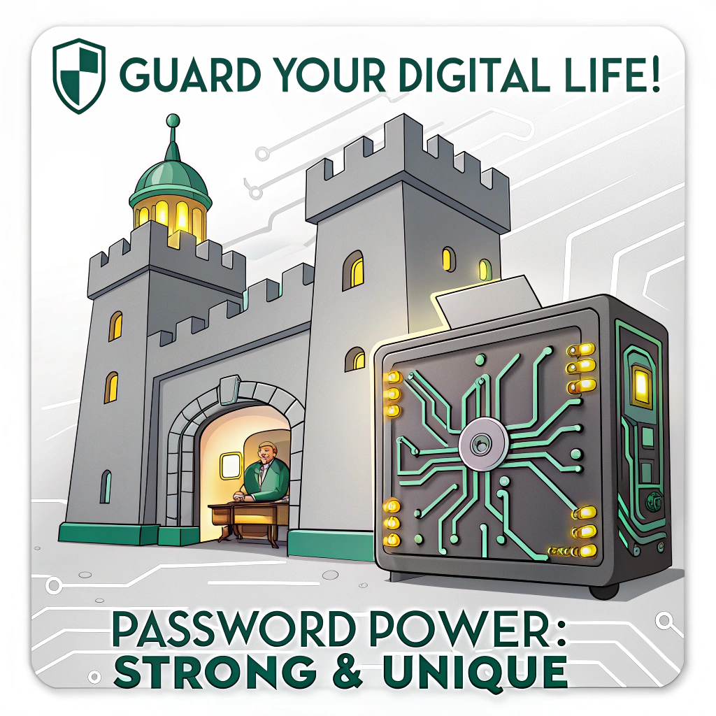Design depicting a small, impenetrable digital fortress or a sleek vault door with glowing circuitry accents. Text: 'Guard Your Digital Life!' with 'Password Power: Strong & Unique' underneath or on a banner.