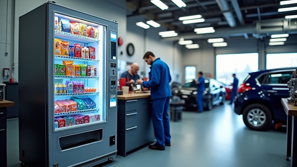 A fully automated vending machine in a car repair shop delivering refreshments and small automotive accessories like air fresheners and tire gauges.