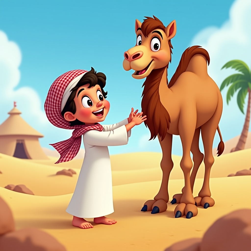 A story about a Qatari child befriending a desert animal, such as a camel or falcon, with elements of Qatari culture integrated.