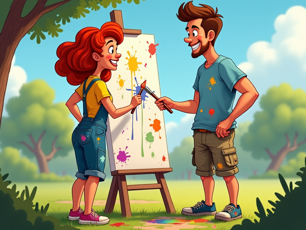 A cartoon couple painting on a large canvas, each holding a brush and getting paint on each other's clothes, creating a colorful masterpiece together.