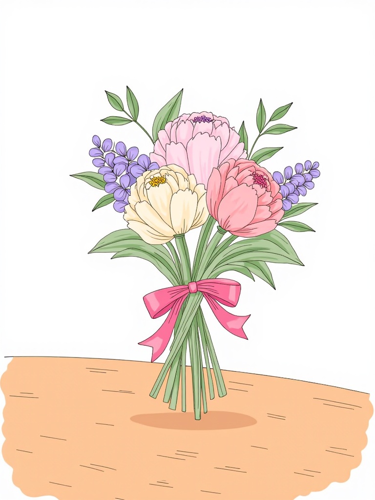 A hand-drawn bouquet tied with a ribbon, featuring pastel-colored flowers.