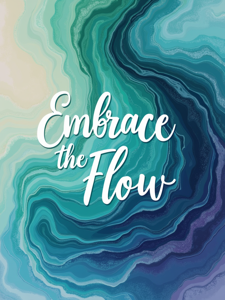 Imagery inspired by naturally fluid phenomena like the aurora borealis, gentle water ripples, or marble patterns. These depict beauty in constant, unpredictable change. The text 'Embrace the Flow' could be typeset elegantly over or alongside the graphic.