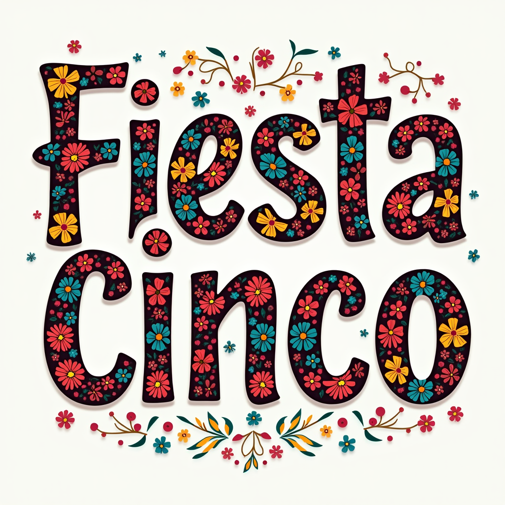 Typography Fill Fiesta: Use a festive, bold font for words like 'Fiesta' or 'Cinco'. The letters themselves are filled with a collage of different Papel Picado patterns and small, vibrant floral details, making the text a decorative element.