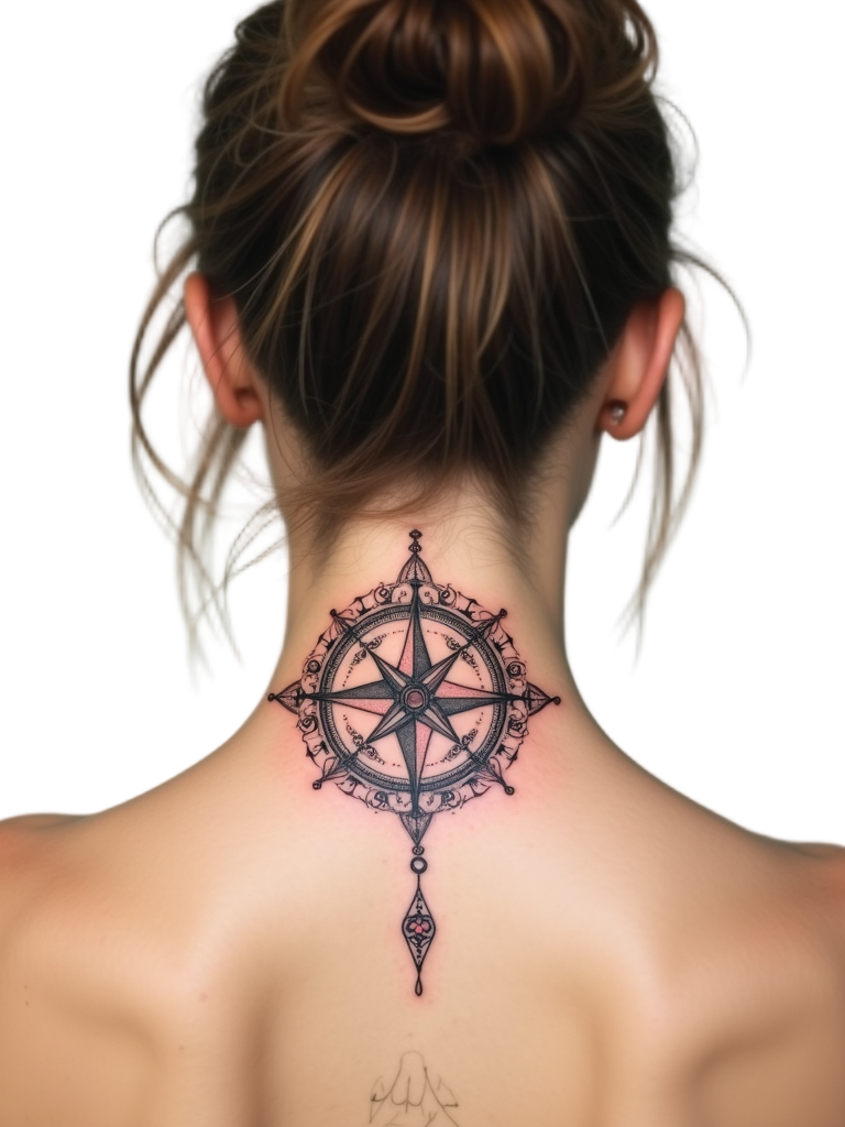 A delicate compass tattoo on the back of the neck, its fine-tuned needles pointing in all directions, aiding one's journey in seeking adventure.