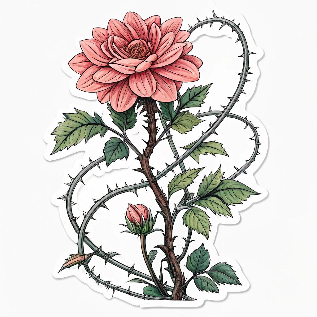 A strong, resilient flower blooming amidst thorny vines, symbolizing strength and perseverance in the face of adversity.