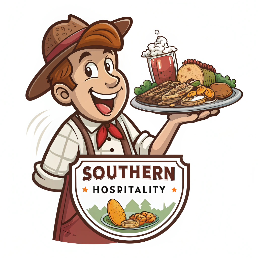 Creative South sticker design idea: A friendly cartoon character offering a plate of BBQ or other Southern food with 'Southern Hospitality' text.