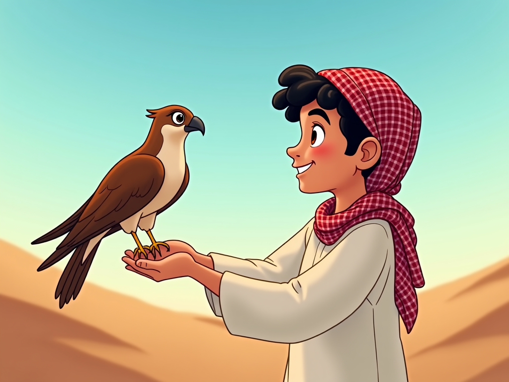 A cartoon sequence showing a Qatari boy training a falcon, with each frame illustrating the bond and trust between them, set in a traditional Qatari setting.