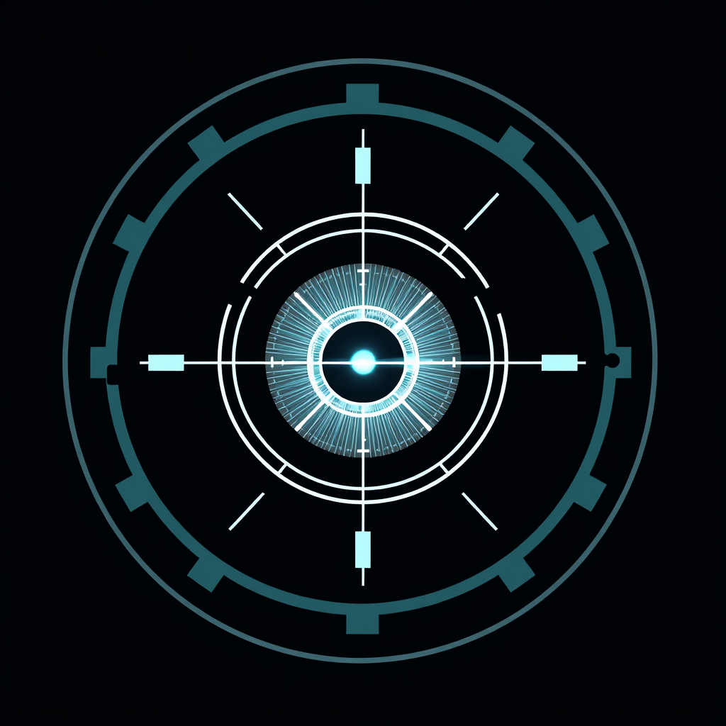 An iris icon overlaid with minimalist HUD (Heads-Up Display) elements like targeting brackets or a glowing scan line across the pupil, suggesting advanced cybernetic verification.