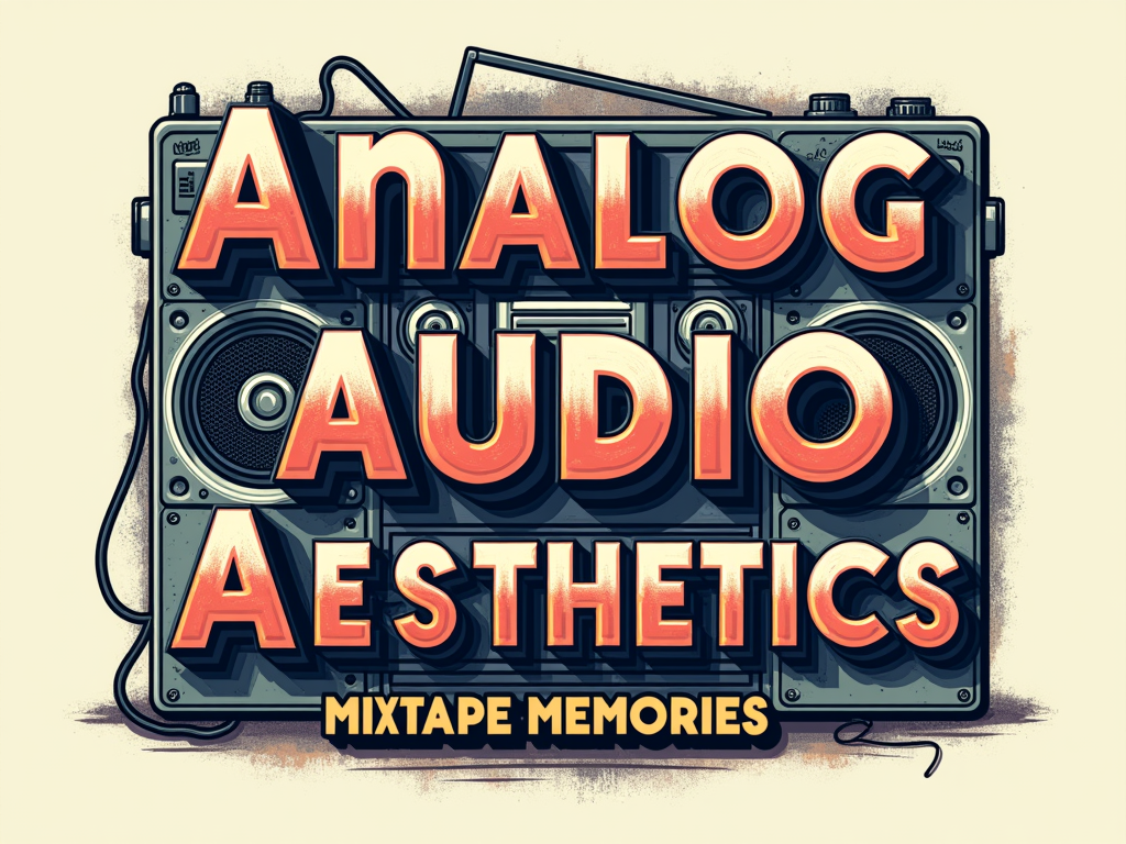 A typographic-focused design using retro fonts to spell out 'Analog Audio Aesthetics' or 'Mixtape Memories,' where letters might be formed by or integrated with elements of cassettes (spools, tape) or boombox parts (knobs, grills).