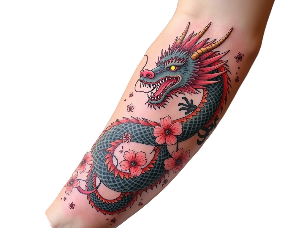 A Japanese dragon entwined with cherry blossoms, symbolizing balance and beauty, decorates an arm full of vivid ink and intricate craftsmanship.