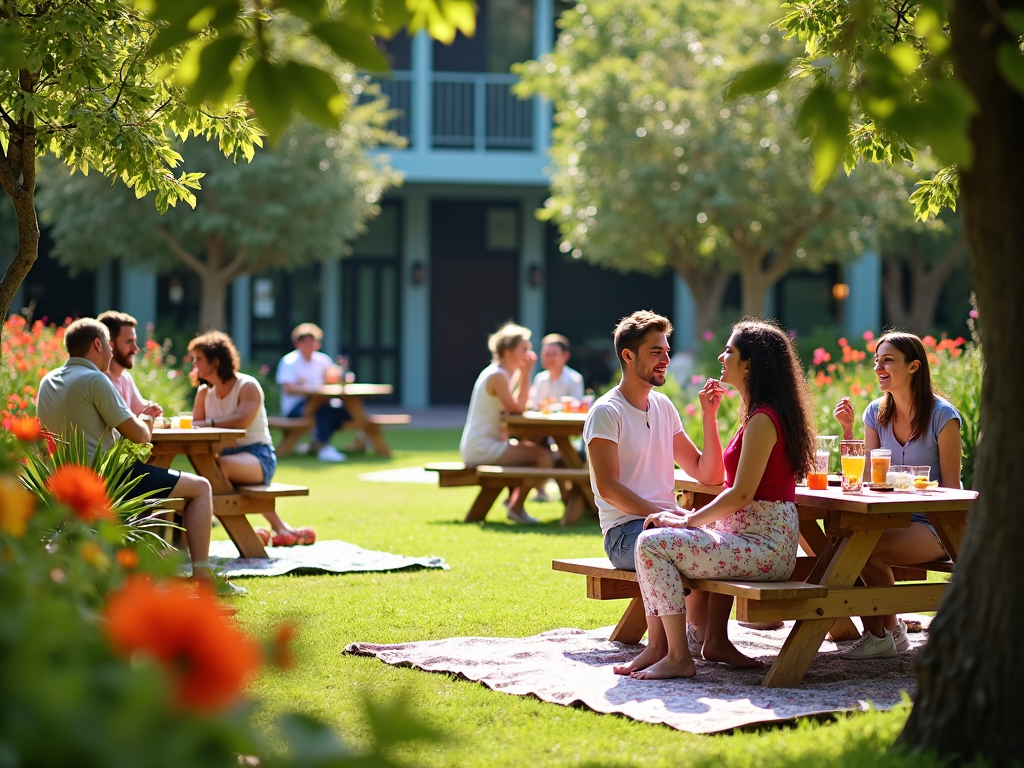 A picturesque view of the department's peaceful, landscaped courtyard, with employees enjoying a sunny day during their lunch break.