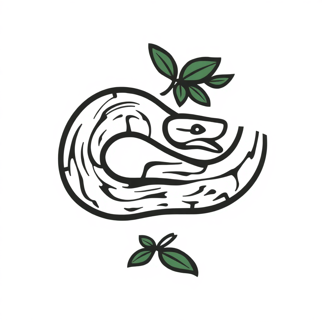 The image is a black and white line drawing of a snake coiled up in a circular shape. The snake appears to be sleeping or curled up, with its head resting on its front paws and its body curled around its body. There are two green leaves on either side of the snake, one on top of the other. The leaves are outlined in black and have a simple, minimalist design. The background is white, making the snake and leaves stand out.