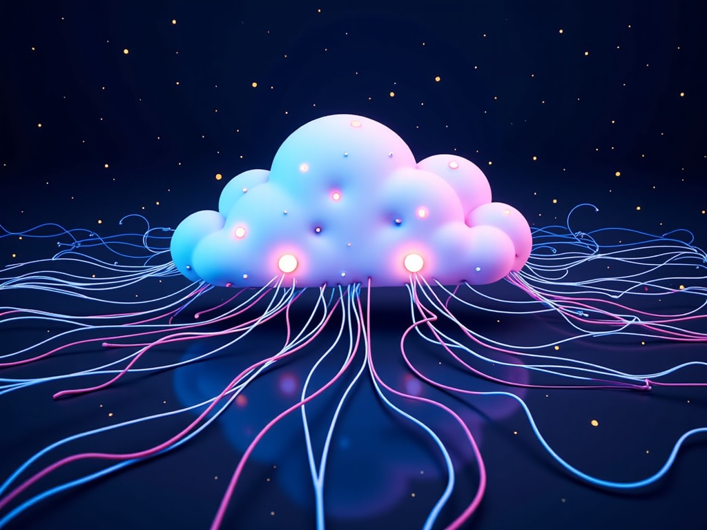 Code Weave & Cloud Strata: Illustrate fine, luminous threads or ribbons representing lines of code. These threads intricately weave together, forming complex, layered structures (strata) that appear soft and cloud-like, yet possess an underlying order, symbolizing the interconnectedness of cloud services built from code.