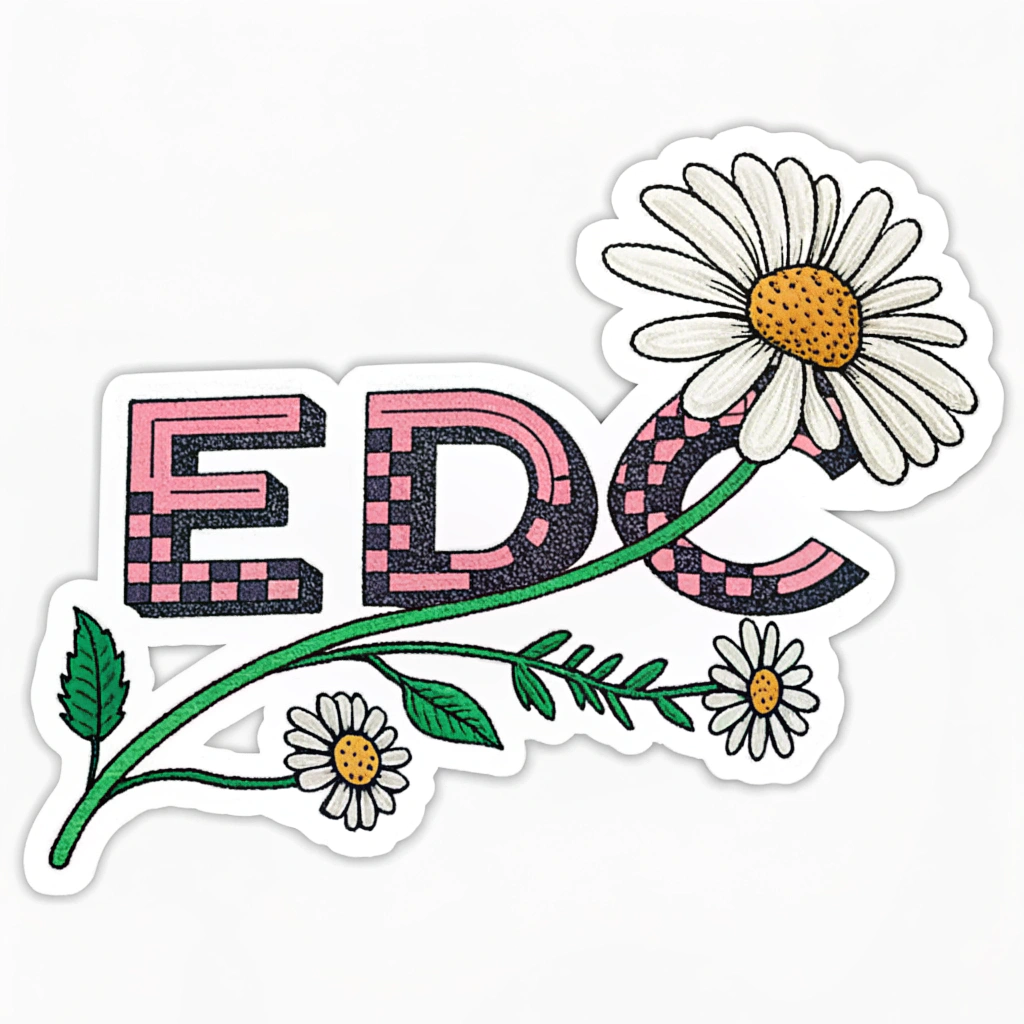 Simple Logo Idea: A pixel art daisy creatively combined with the acronym 'EDC' rendered in a chunky, pixelated typeface. The daisy could serve as a replacement for a letter (e.g., the 'D') or be a key visual element positioned alongside or above the text, using a striking retro color scheme.