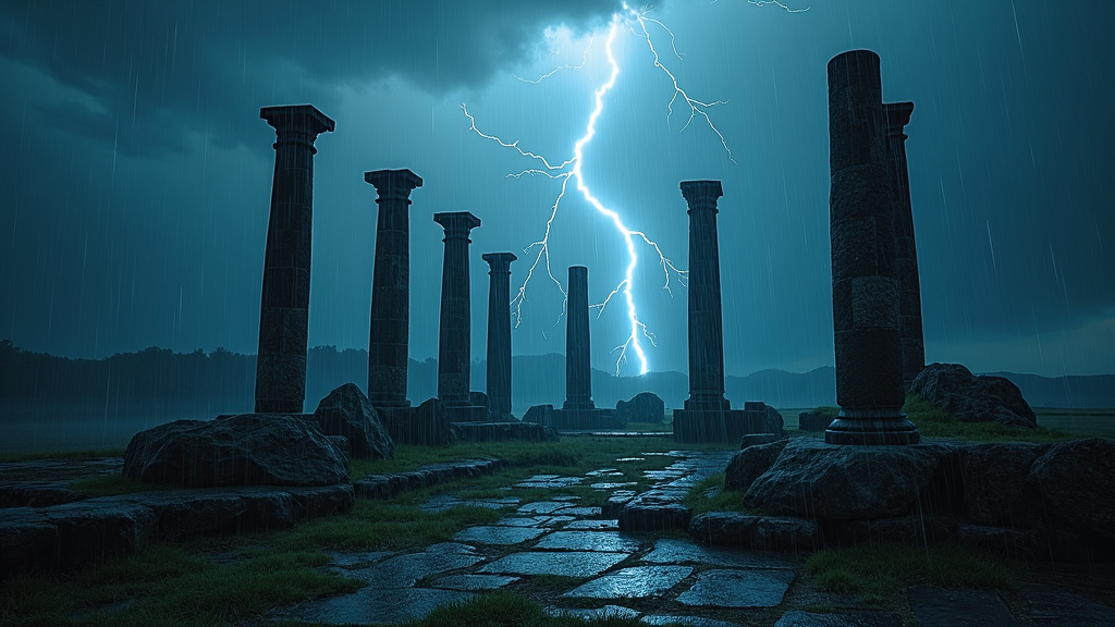 An intriguing wallpaper depicting a thunderstorm over an ancient ruin. Lightning throws the historic stone structures into sharp relief, exuding an eerie glow amidst the torrents. The scene merges the past with the present, as the ruins stand witness to nature's timeless vigil—a testament to endurance amid unfathomable grandeur.