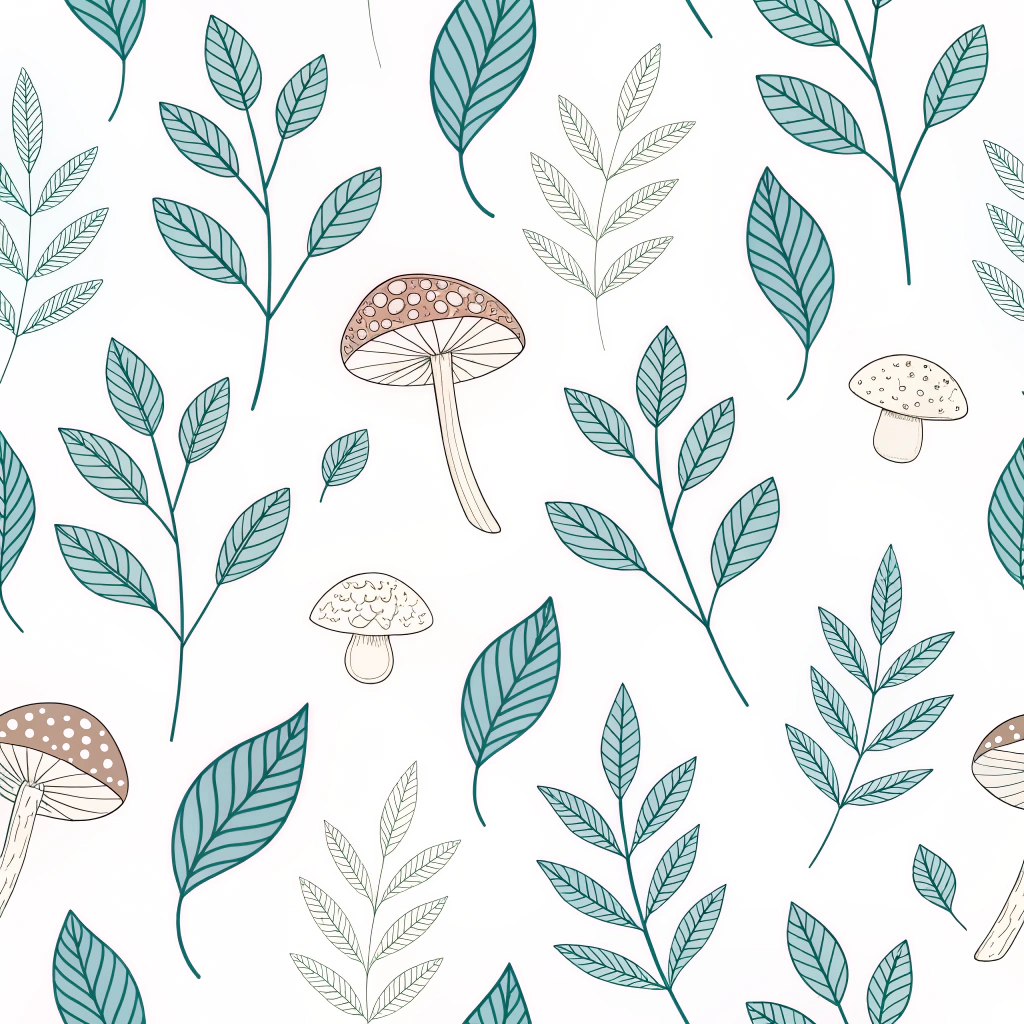 A minimalist pattern focusing on the simple beauty of single leaf outlines paired with faint mushroom silhouettes.