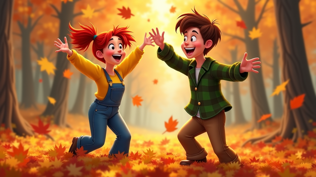 A cartoon couple playing in a pile of autumn leaves, tossing them into the air with carefree joy as the sunlight filters through trees.