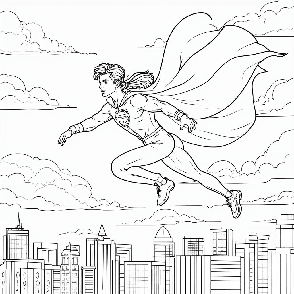 A superhero sidekick soaring through the sky, cape fluttering, with city buildings in the background, designed with bold outlines perfect for coloring.
