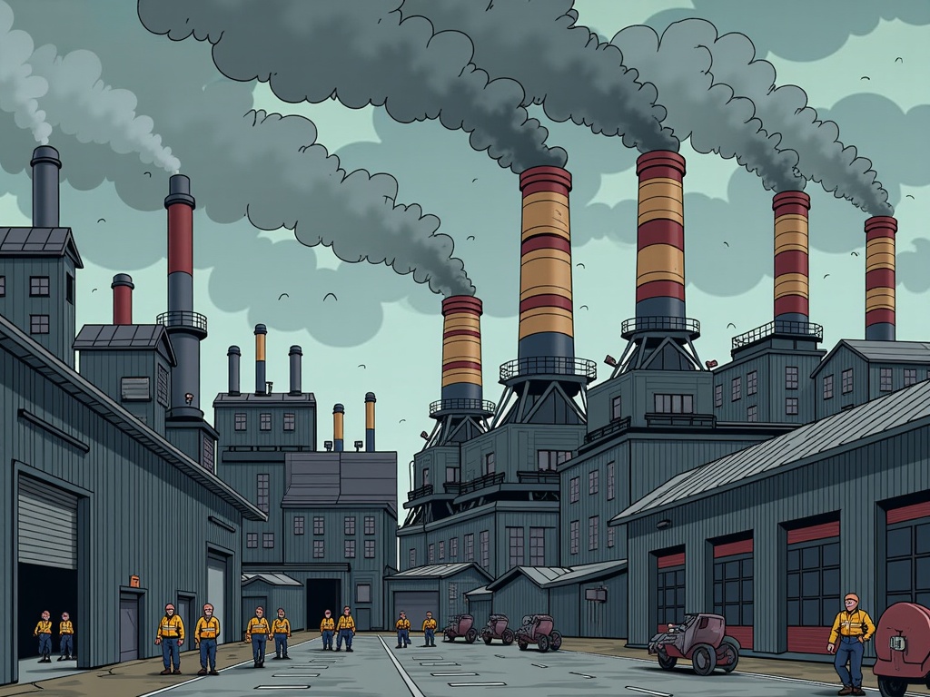 The image is an illustration of a factory with multiple chimneys emitting black smoke. The factory is located in a large industrial area with multiple buildings and structures. The sky is cloudy and there are birds flying in the background. In the foreground, there is a group of workers wearing yellow hard hats and safety vests, standing in front of the factory. There are also several vehicles parked on the street. The overall mood of the image is bleak and industrial.