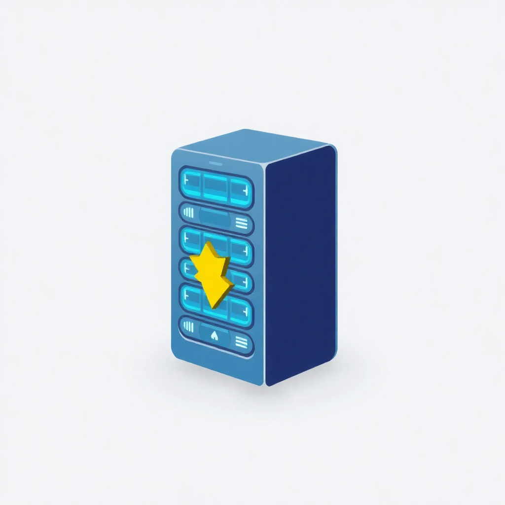 The image is a 3D illustration of a blue computer tower with a yellow star on top. The tower appears to be made of a sturdy material and has multiple buttons on the front panel. The buttons are arranged in a grid-like pattern and are of different sizes and shapes. The star is placed in the center of the tower and is a bright yellow color. The background is plain white. The overall design is simple and minimalistic.