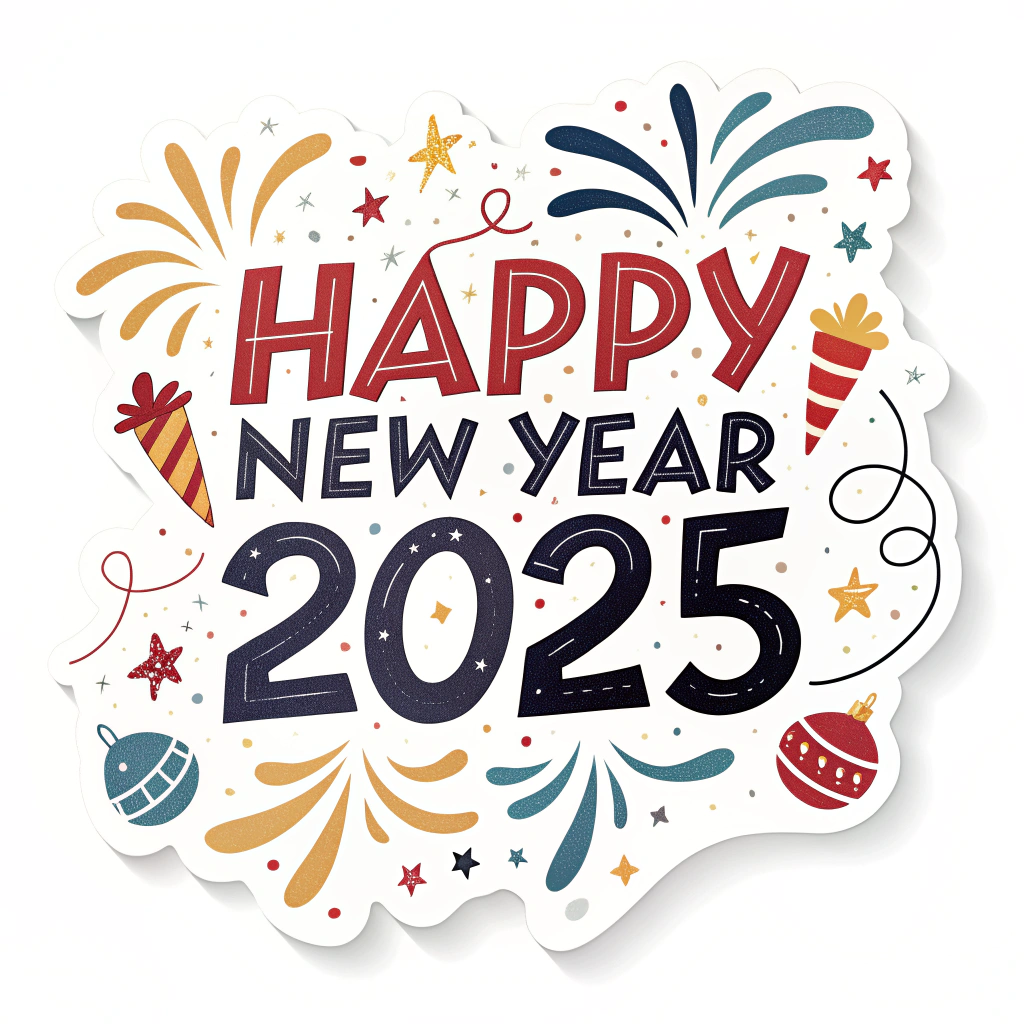 The image shows a poster with the words Happy New Year 2025 written in bold, colorful letters surrounded by festive decorations such as stars, snowflakes, and confetti. The poster is decorated with a variety of colors, including red, blue, yellow, and green, to celebrate the start of a new year.