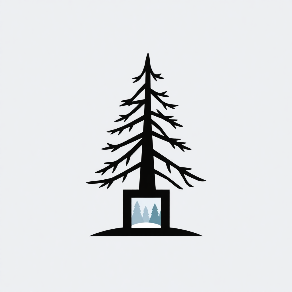 A geometric pine tree design where the branches form angular shapes, with a rectangular window at the base showing a snowy landscape.