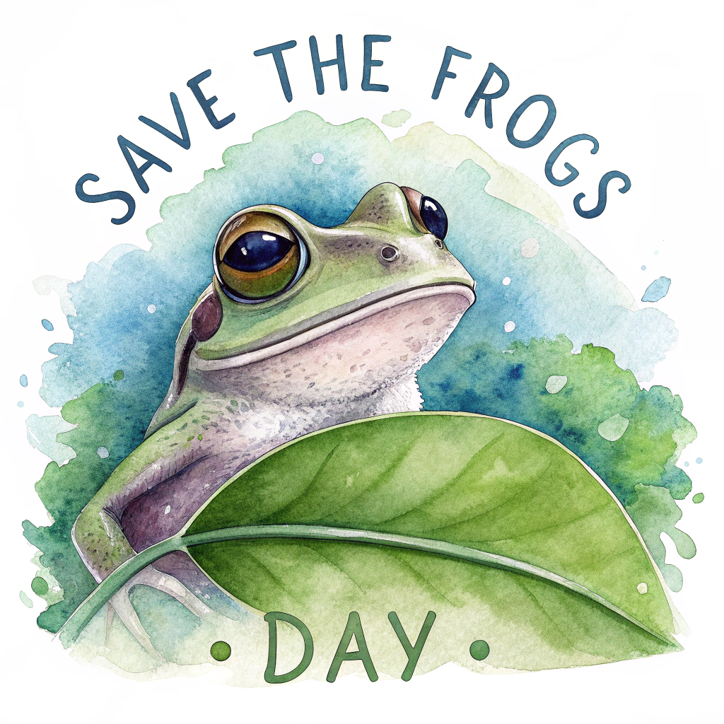 Focus on a close-up watercolor portrait of a frog's head and expressive eyes peering over the edge of a simple green leaf shape. Use blended watercolor background washes. Integrate the text 'Save The Frogs Day' subtly within the leaf texture or background.