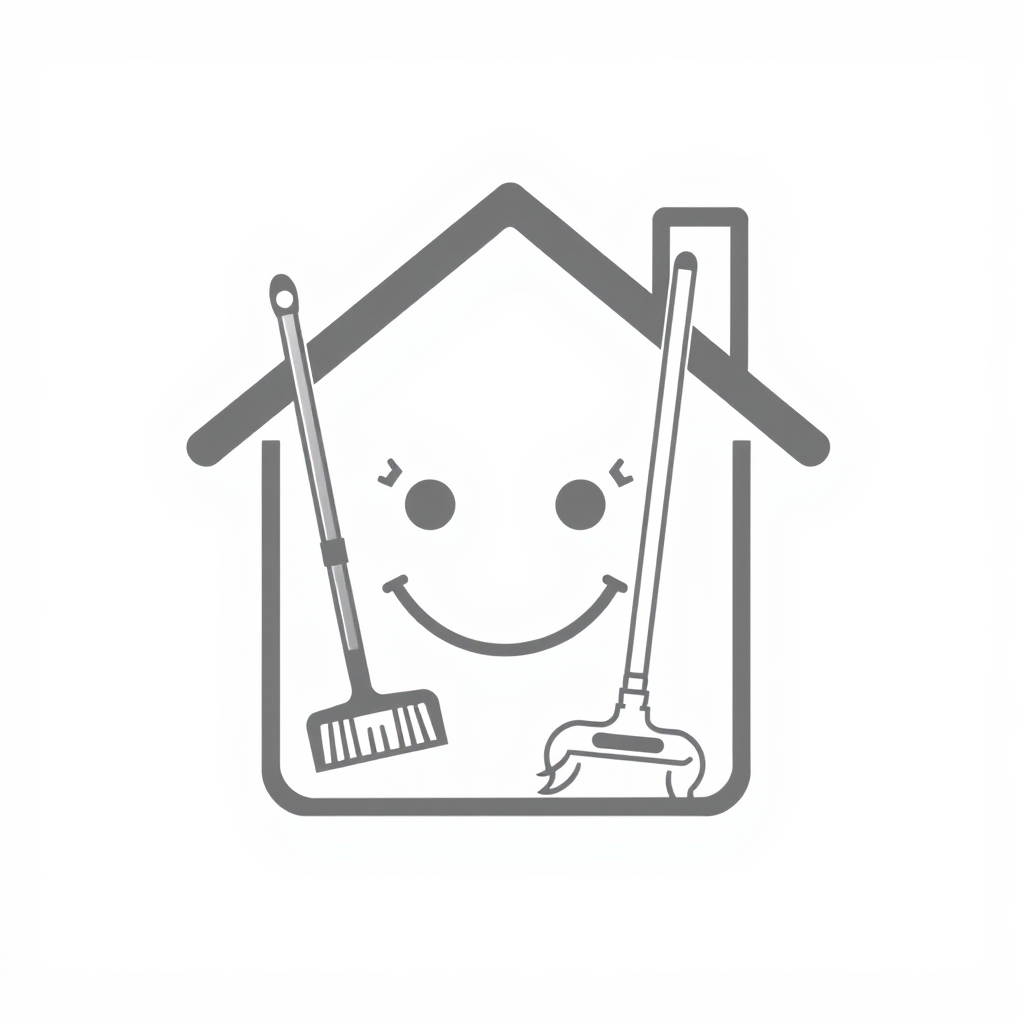 A stylized house silhouette with cleaning tools (e.g., a broom, a mop) arranged to form a smiling face within the house shape.