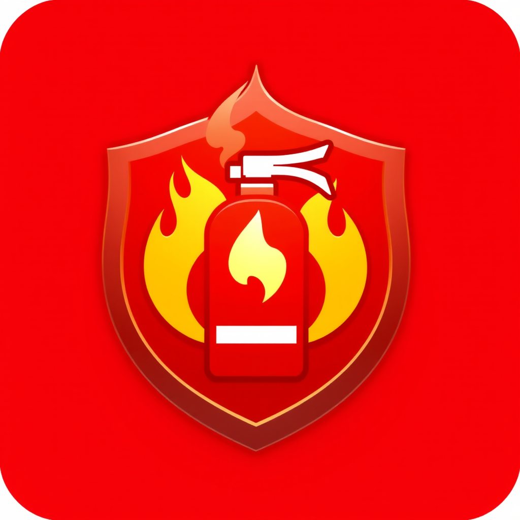 A fire extinguisher icon incorporating a flame-shaped shield, symbolizing protection against fire.