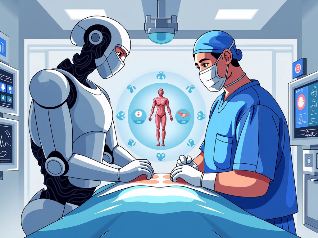 Human-AI Collaboration Hub: Showcase a surgeon and robotic system working in symbiotic harmony. The AI precision overlay is visualized as an interactive holographic interface between them, showing vital signs, anatomical mapping, and predictive surgical paths.
