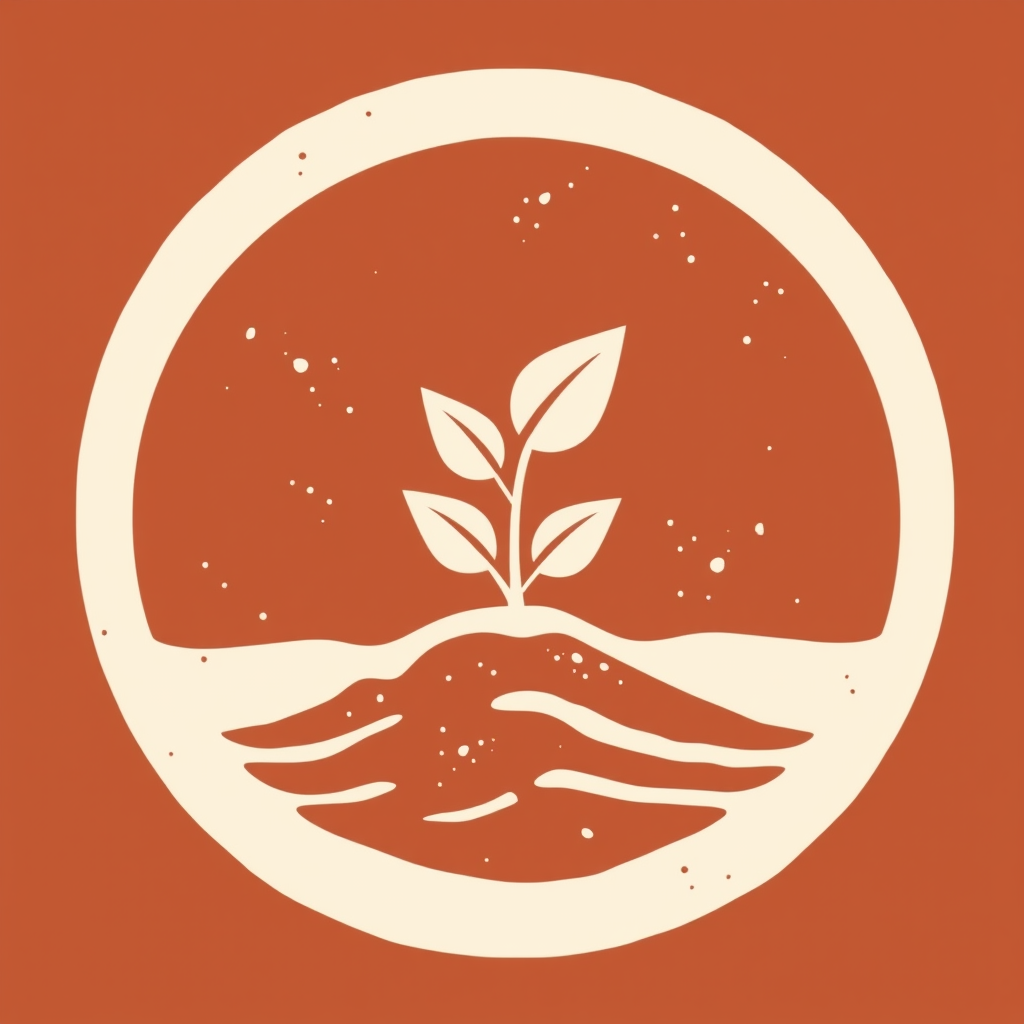 A logo featuring a tiny sprouting seedling silhouette rendered with a rough block-print or woodcut texture, using earthy tones and visible imperfections to symbolize hope, growth, and handcrafted dedication to sustainability.