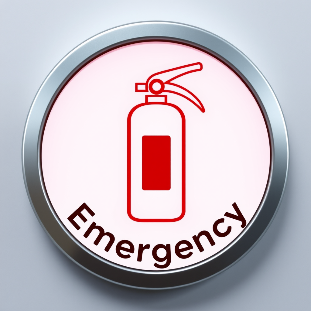 A circular icon with a fire extinguisher and the word 'Emergency' in bold, clear lettering.