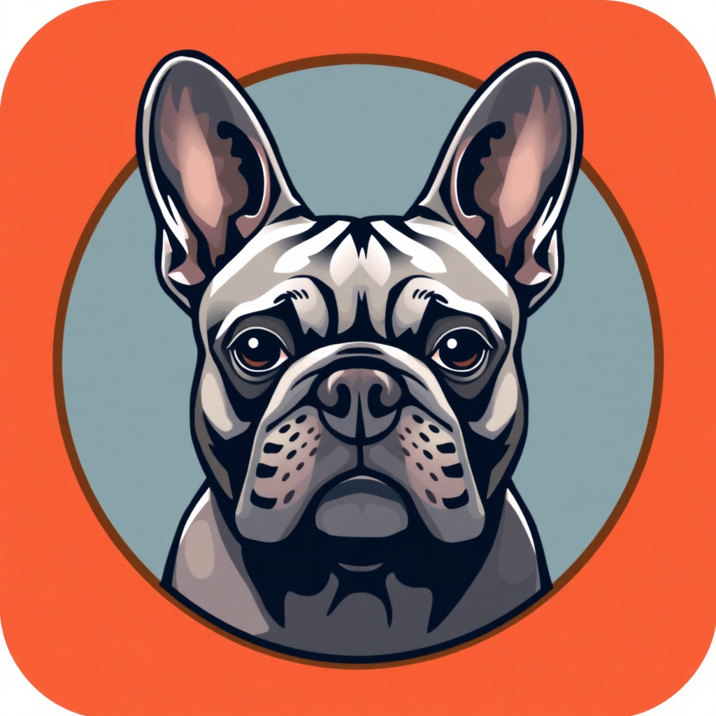 The image is a digital illustration of a French Bulldog's face. The dog is shown in a circular frame with an orange background. The focal point of the image is the head of the dog, which is facing towards the left side of the frame. The head is a light grey color with a black nose and mouth. The eyes are large and round, and the ears are pointed. The mouth is slightly open, as if it is looking directly at the viewer. The overall style of the illustration is cartoon-like, with bold lines and bright colors.