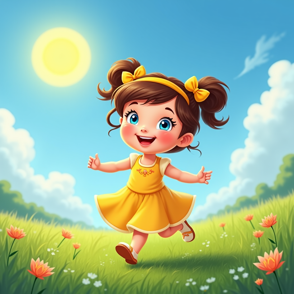 The image is a digital illustration of a little girl running in a field of flowers. She is wearing a yellow dress with a yellow bow on her head and has brown hair tied up in two pigtails. She has a big smile on her face and her arms are outstretched as she runs. The background is a bright blue sky with white clouds and a yellow sun. The field is filled with pink and orange flowers and there are trees in the distance. The overall mood of the image is cheerful and playful.