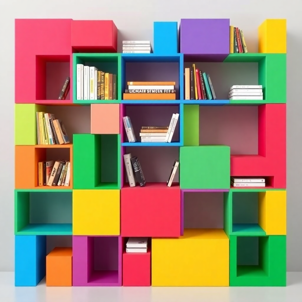 A modular bookshelf that resembles a colorful, interlocking building block set, allowing users to customize the shape and size.