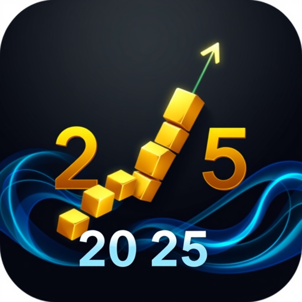 Ascending Data & Gold Blocks: A dynamic visual of upward-flowing abstract data streams or blockchain-like blocks, some of which are gold-colored, subtly forming '2025' or a Bitcoin 'B'. Dark background with vibrant blue/cyan streams and futuristic font.