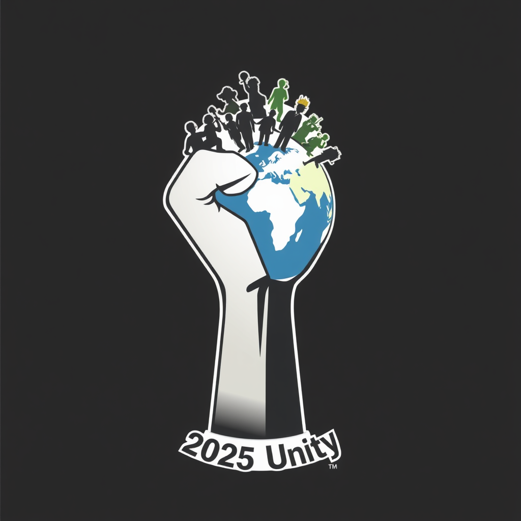 Sub-design Idea 2: A stylized fist holding aloft a globe, with silhouettes of diverse workers (e.g., farmer, factory worker, healthcare professional, tech worker) forming the continents. '2025 Unity' is inscribed around the base.